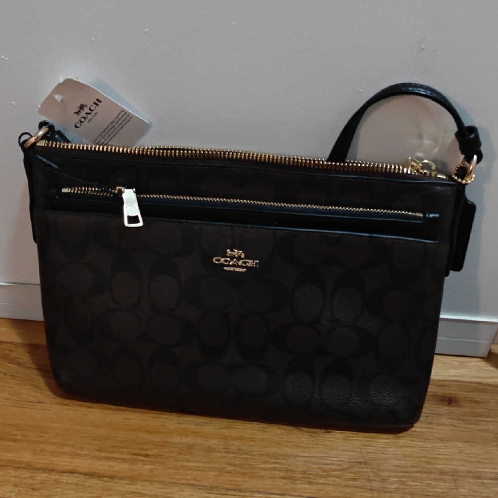 Brand New Coach Black Signature Pattern Crossbody with Gold Hardware